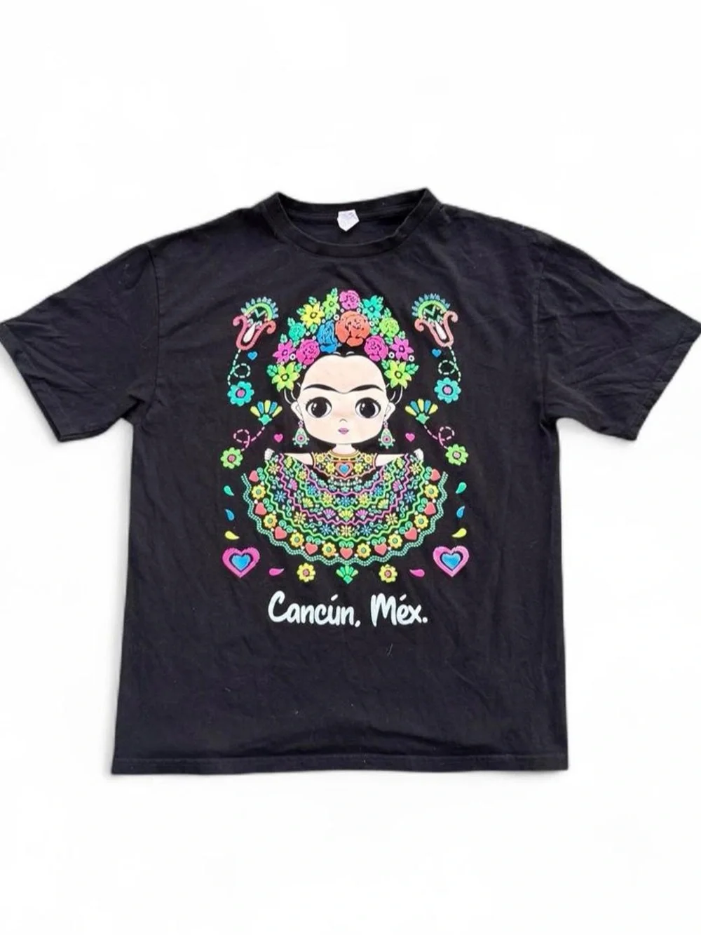 Frida Kahlo Cancun Mexico Graphic Tee Black Folk Art Floral Design